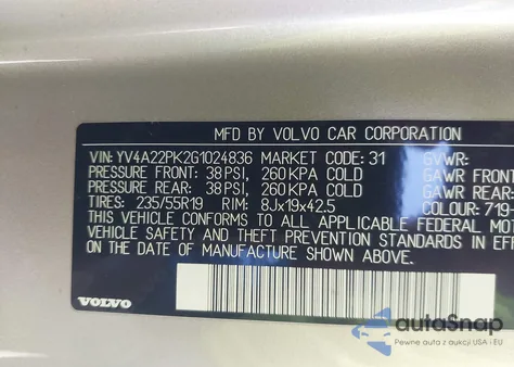 2016 Volvo Xc90 T6 Momentum из США, поврежденный, VIN YV4A22PK2G1024836